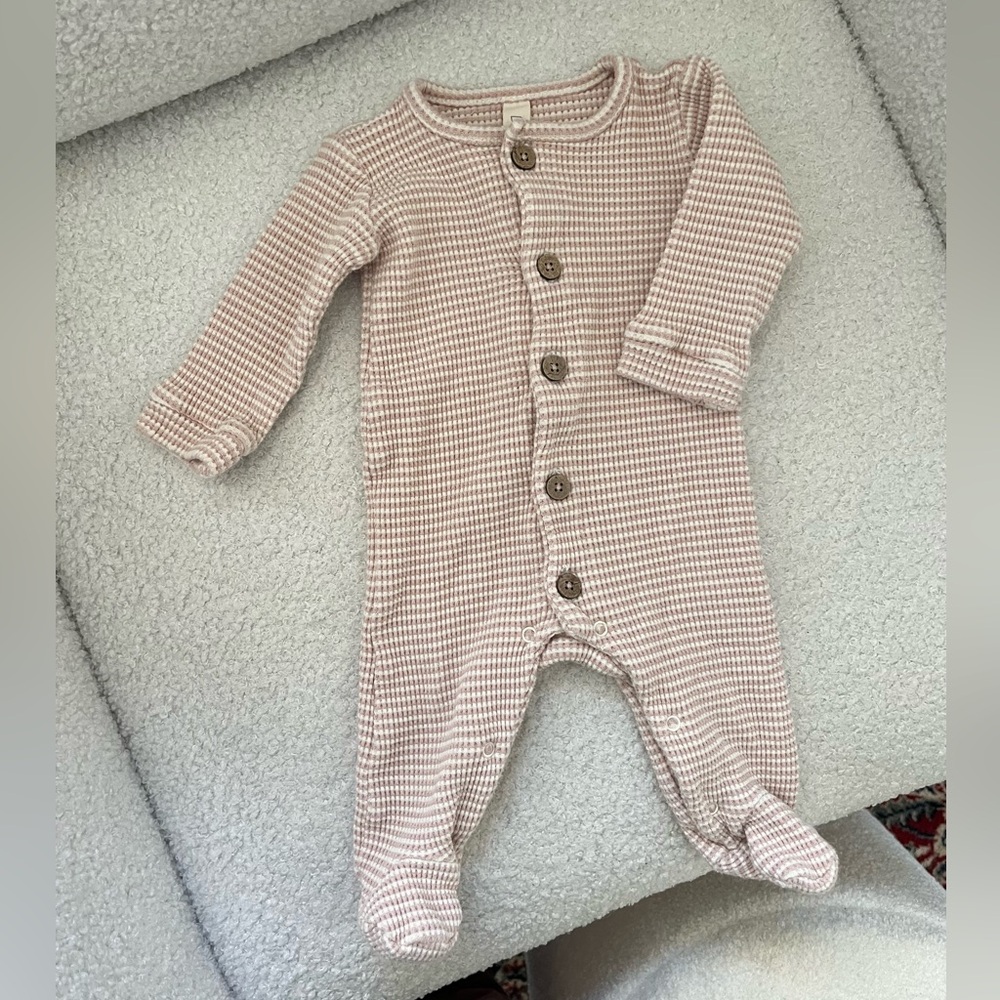 Organic Cotton Pink & Cream Striped Waffle Footie - Size 3-6M